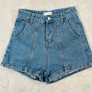 XY Jeans Designed Denim Shorts High Waisted Blue Cuffed Size S